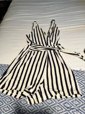 Love Tree Striped Wrap Mini Dress in Black and Cream